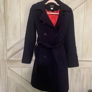 J Crew, navy blue wool top coat. Wool